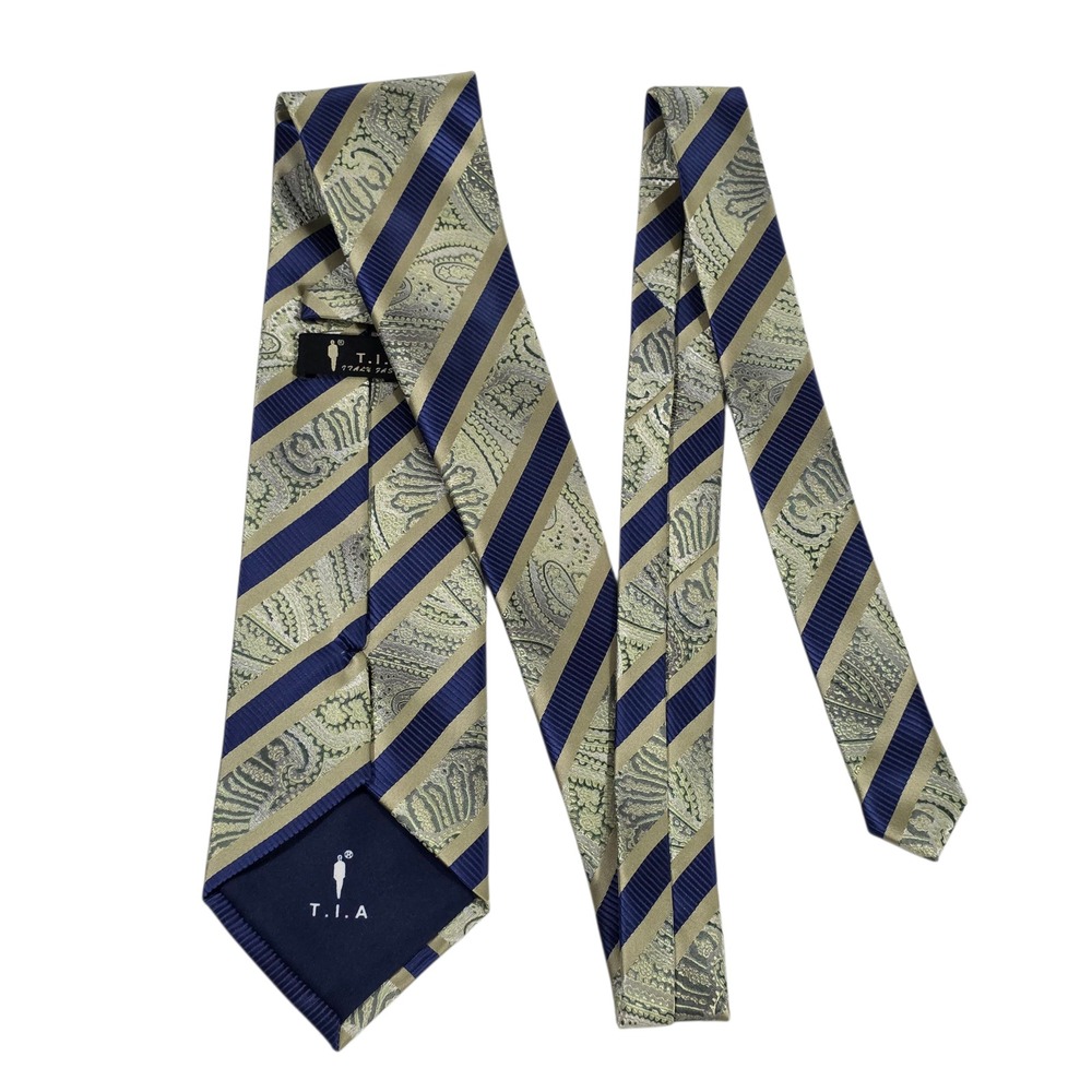 TIA Mens Necktie Blue Green Silk Metallic Paisley Striped Handmade Long Business